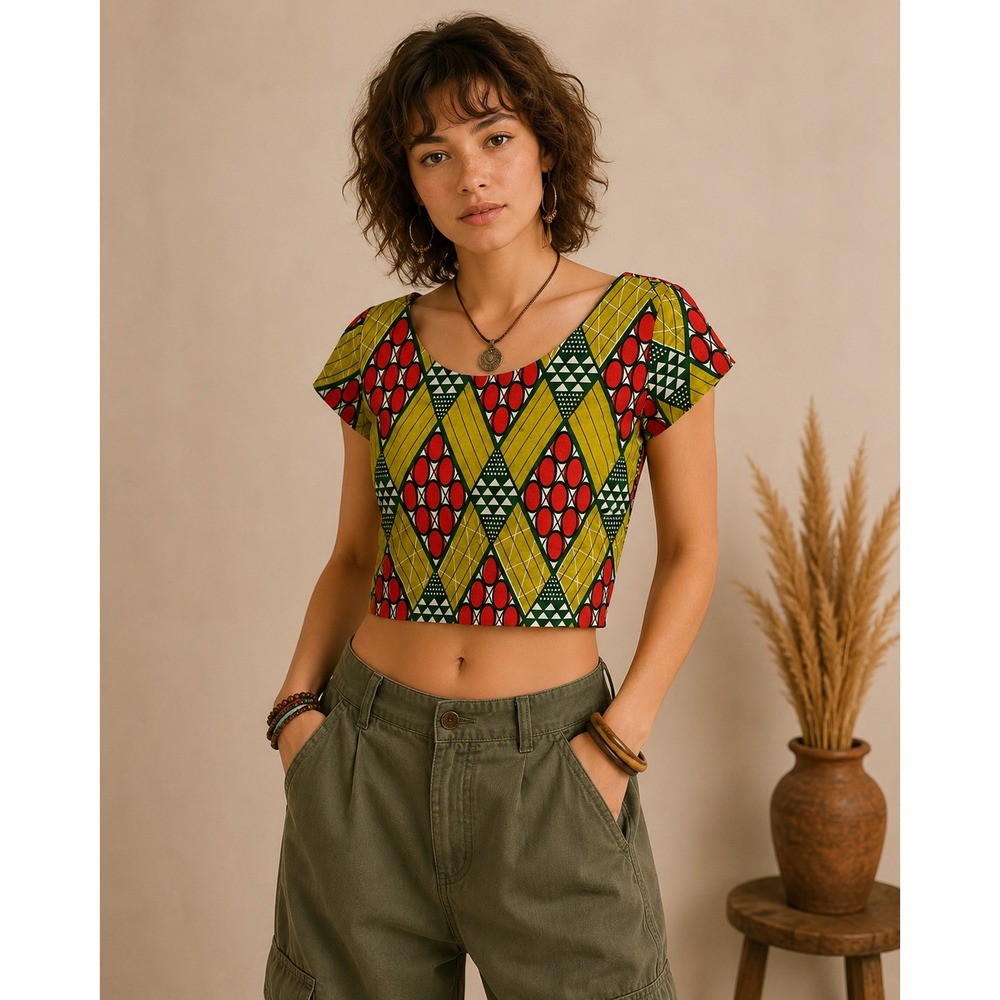 Handmade African Print Crop‎ Top XXS Festival Boho Y2K Back Zip Cotton